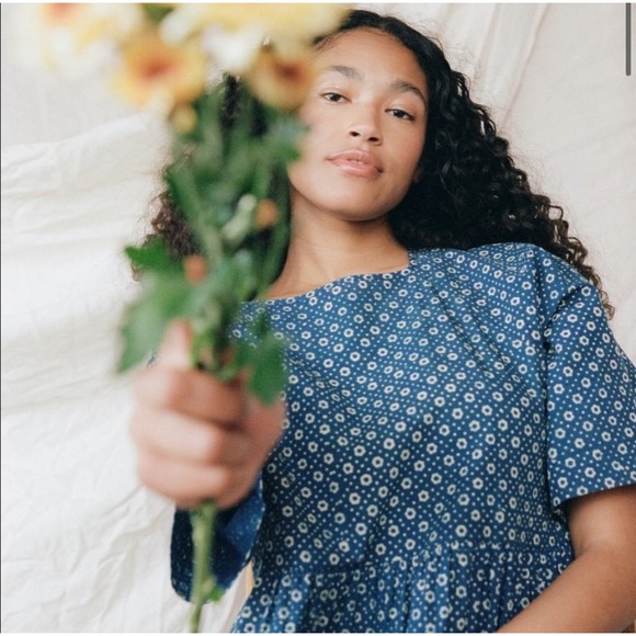 Christy Dawn Theo Dress Womens Small Blue Indigo Petunia Dot Midi Tiered Cottage - Picture 3 of 16